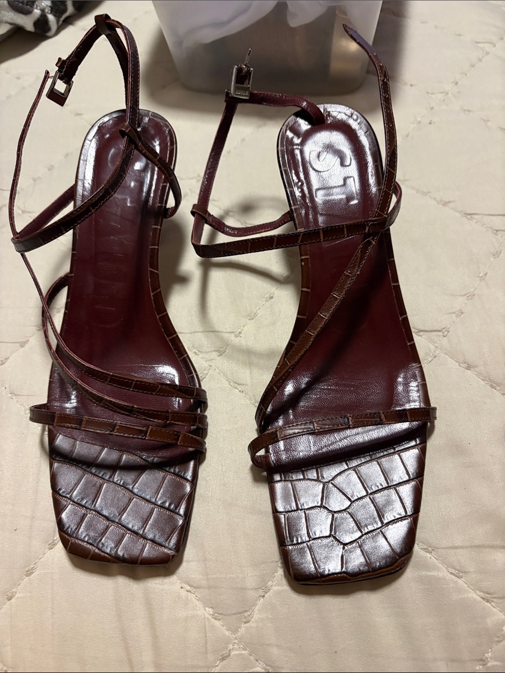 STAUD Dark Brown Croc-Embossed Strappy Square-Toe Heels